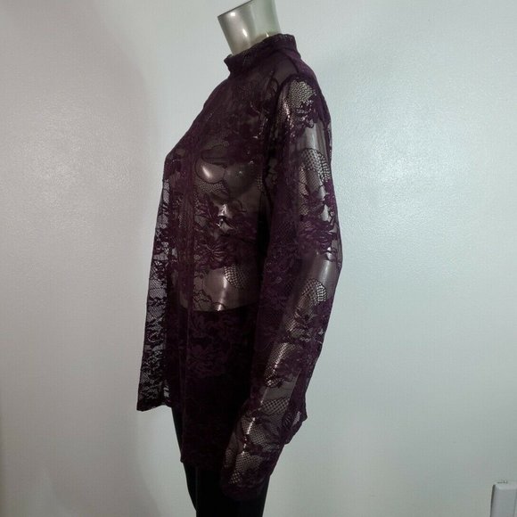 Lane Bryant Top Plus Size 18/20 High Neck Lace Floral Stretch Long Sleeve Purple - Picture 3 of 6